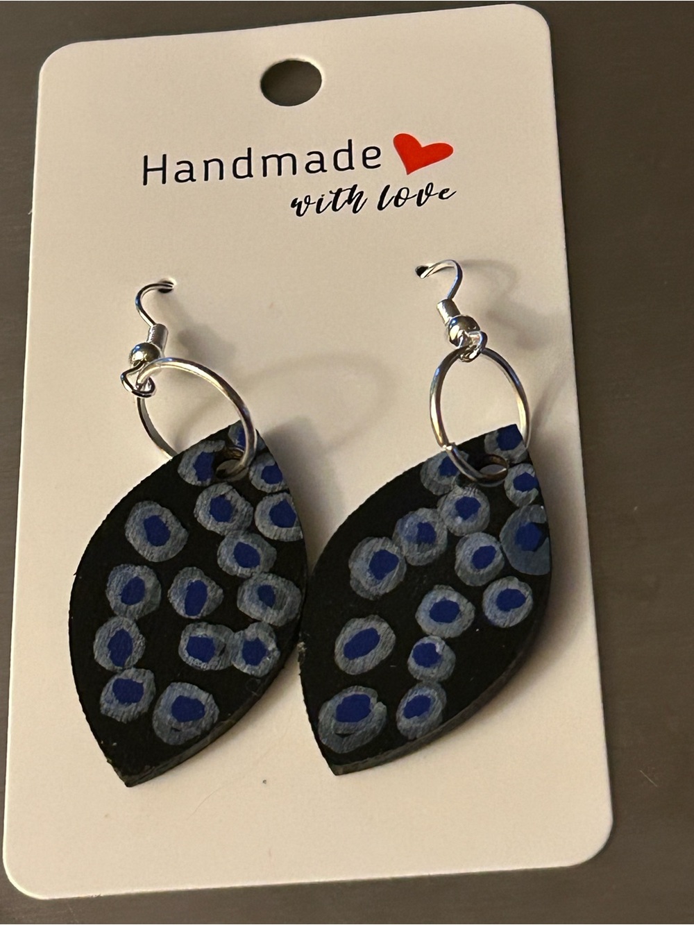 NWT Handmade Black & Blue Dot Leaf Drop Earrings -